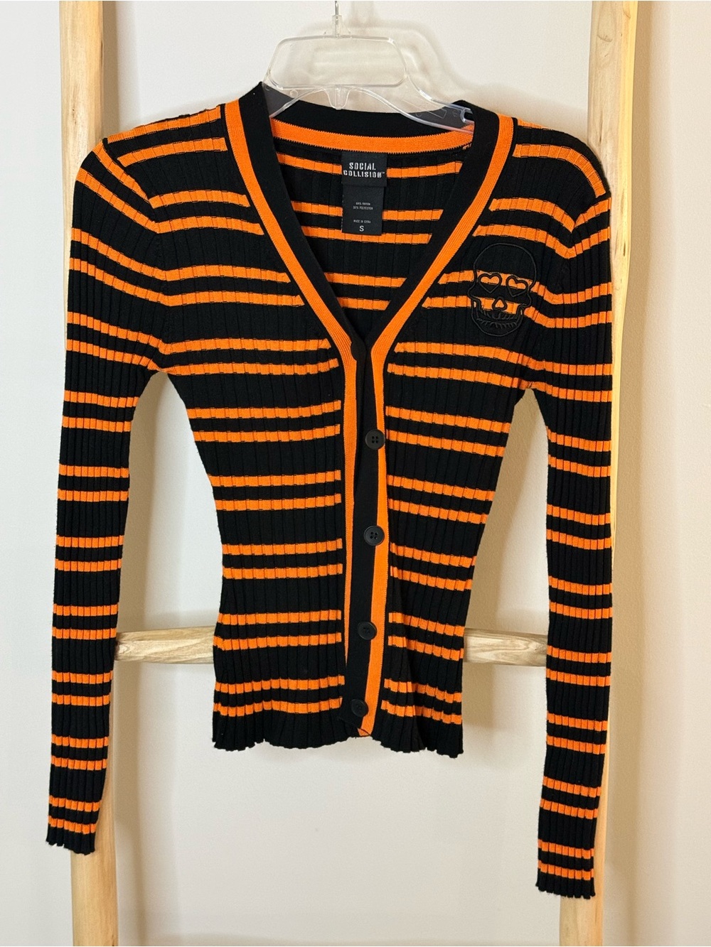 Social Collider Black and Orange Striped Ribbed Cardigan